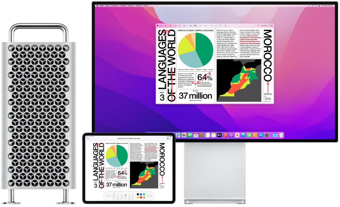 Ένα Mac Pro και ένα iPad δίπλα-δίπλα. Και στις δύο οθόνες εμφανίζεται ένα άρθρο που καλύπτεται με σκαριφήματα επεξεργασίας σε κόκκινο χρώμα, όπως διαγραμμένες προτάσεις, βέλη και λέξεις που έχουν προστεθεί. Στο iPad εμφανίζονται επίσης χειριστήρια σήμανσης στο κάτω μέρος της οθόνης.