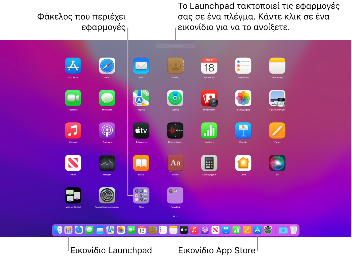 Οθόνη του Mac με ανοιχτό το Launchpad, όπου εμφανίζονται ένας φάκελος εφαρμογών στο Launchpad, καθώς και τα εικονίδια του Launchpad και του App Store στο Dock.
