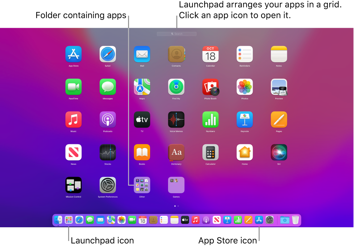 A Mac screen with Launchpad open, showing a folder of apps in Launchpad, and the Launchpad icon and App Store icons in the Dock.
