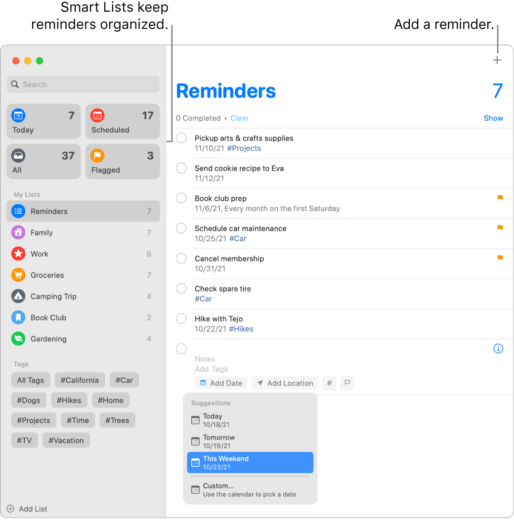 A Reminders window with smart lists on the left and other reminders and lists below. A small window in the Suggestions menu is open with suggestions for Today, Tomorrow, This Weekend, and Custom.
