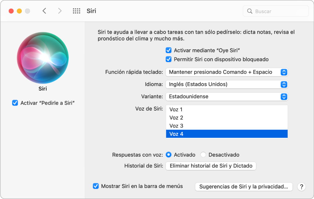 La ventana del panel de preferencias Siri con la opción para activar “Pedirle a Siri” seleccionada en la izquierda, y varias opciones para personalizar a Siri en la derecha, incluida la opción “Al escuchar ‘Oye Siri’”.