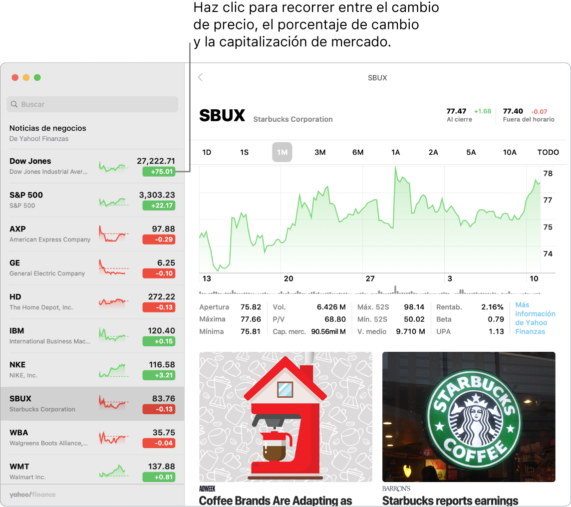 Pantalla de la app Bolsa mostrando información y artículos sobre la acción seleccionada.
