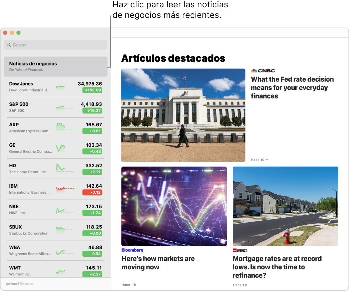 El tablero de Bolsa mostrando precios del mercado en una lista de seguimiento junto con Top Stories.