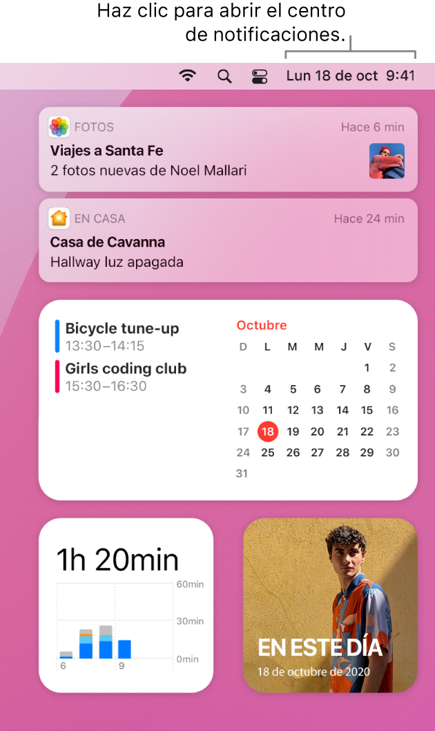 El centro de notificaciones con notificaciones y widgets de Fotos, Casa, Calendario y Tiempo en pantalla.