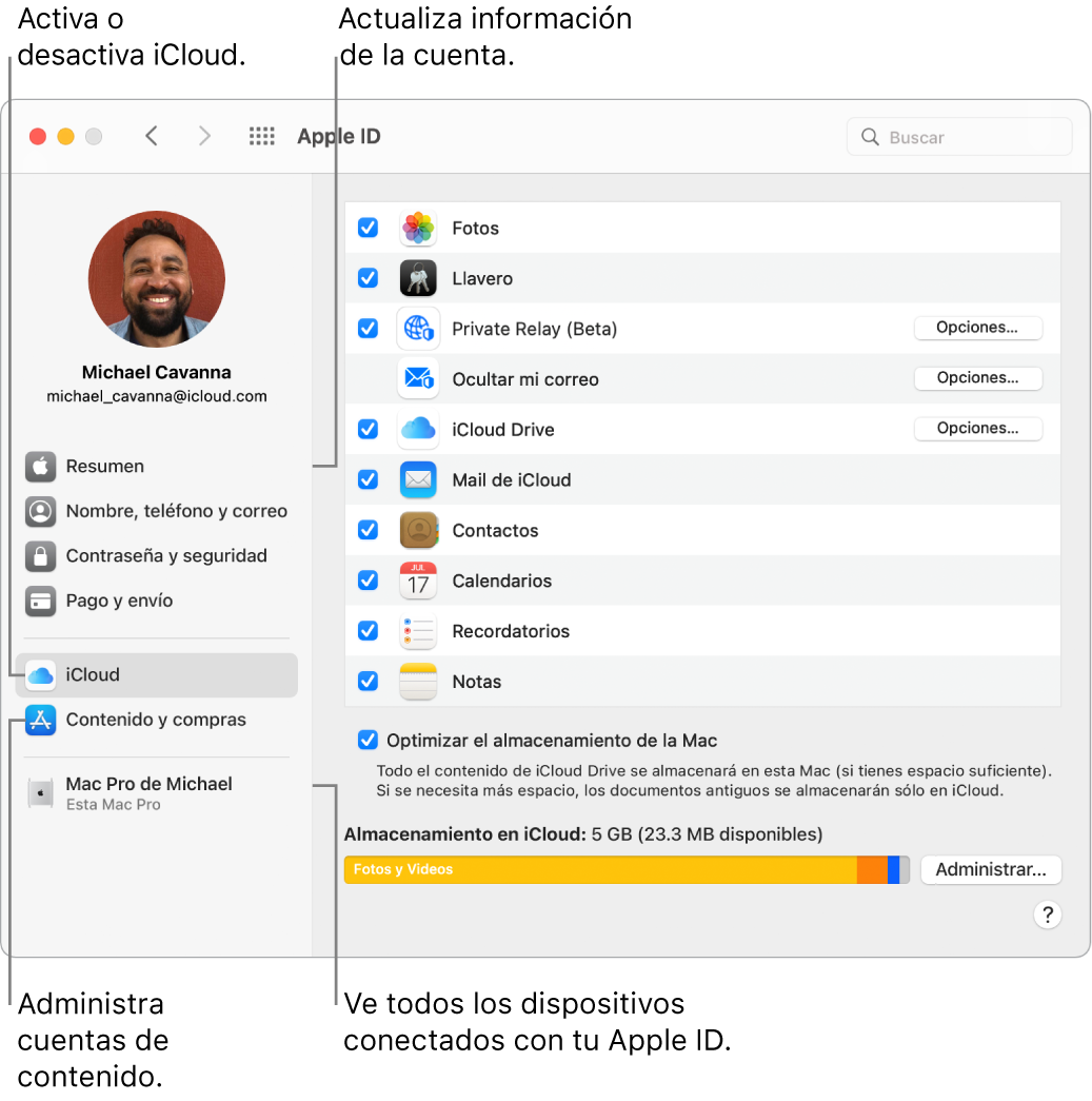 El panel Apple ID de Preferencias del Sistema. Haz clic en un elemento en la barra lateral para actualizar la información de tu cuenta, activar o desactivar iCloud, administrar cuentas de contenido y ver todos los dispositivos en los que has iniciado sesión con tu Apple ID.