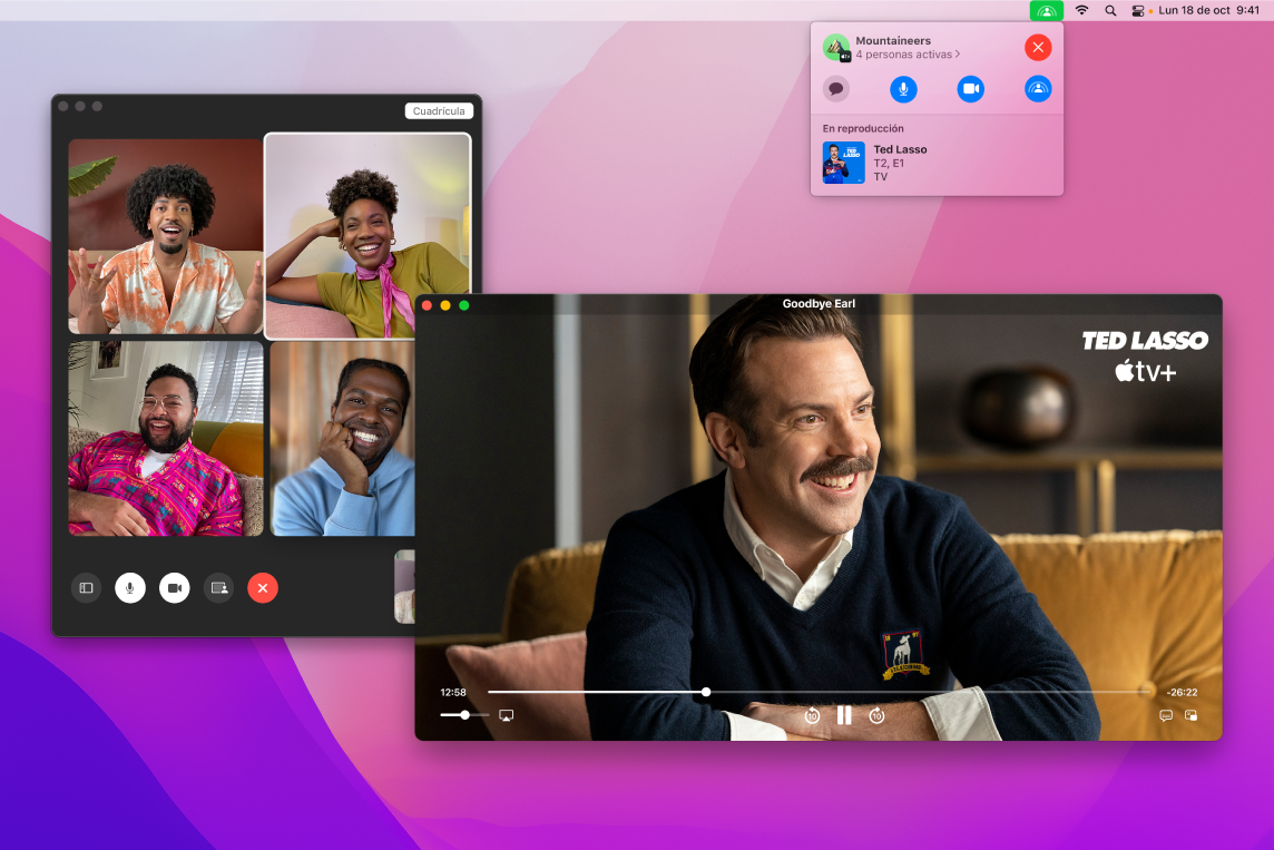 Una fiesta en la que se ve de forma compartida un episodio de Ted Lasso en la ventana de la app Apple TV y quienes participan en la ventana de FaceTime.