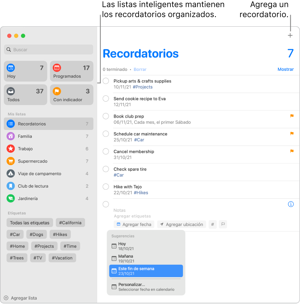 Una ventana de la app Recordatorios con listas inteligentes en el lado izquierdo, y otros recordatorios y listas debajo. Una ventana pequeña en el menú Sugerencias está abierta con las sugerencias: Hoy, Mañana, Este fin de semana y Personalizado.