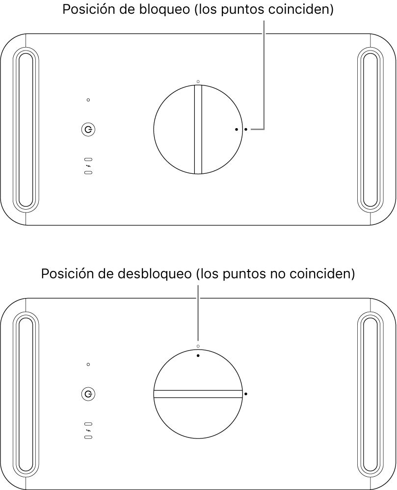 Parte superior de la carcasa del ordenador donde se muestra el cierre en las posiciones de bloqueo y de desbloqueo.