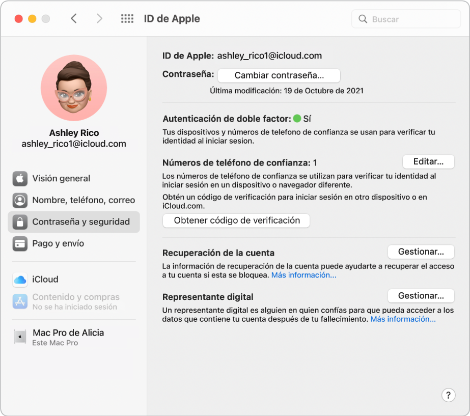 La sección “Contraseña y seguridad” de ID de Apple en Preferencias del Sistema. Haz clic en Gestionar para configurar “Recuperación de cuenta”.