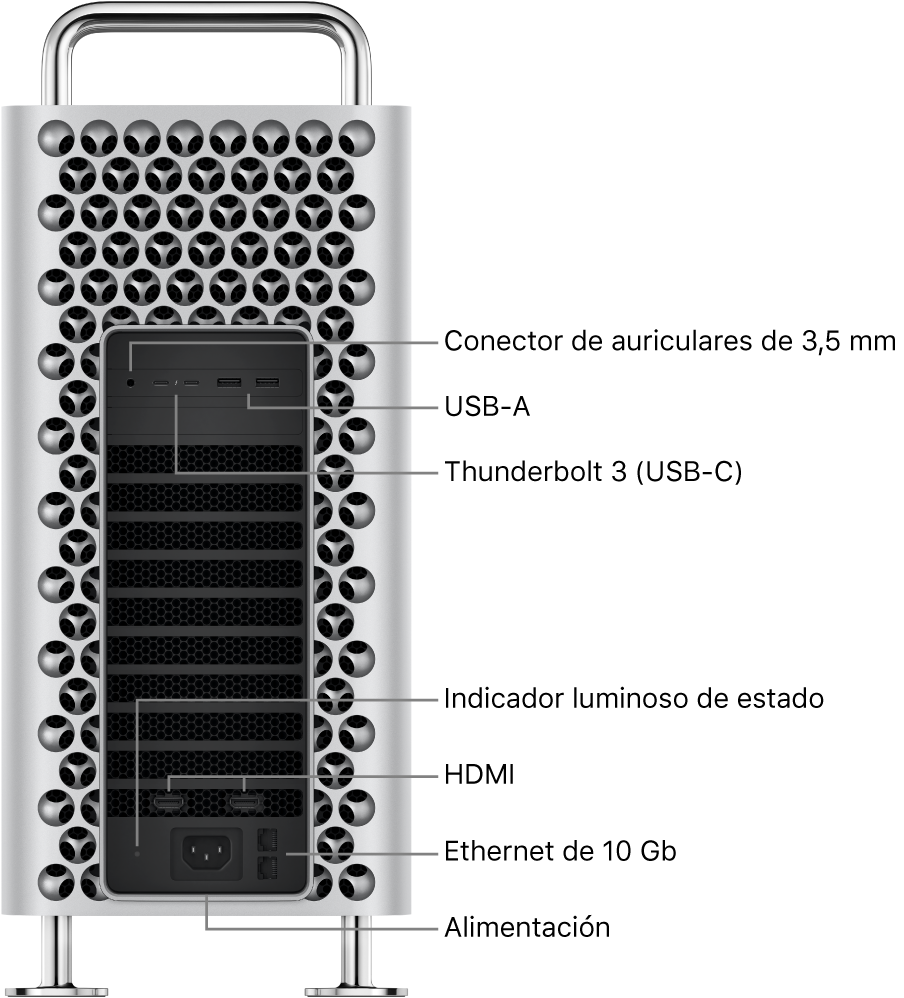 Una vista lateral del Mac Pro con el conector para auriculares de 3,5 mm, dos puertos USB-A, dos puertos Thunderbolt 3 (USB-C), un indicador luminoso de estado, dos puertos HDMI, dos puertos Ethernet 10 Gigabit y un puerto de alimentación.