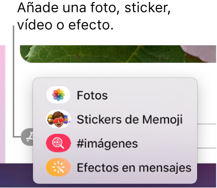 El menú Apps con opciones para mostrar fotos, stickers de Memoji, GIF y efectos en mensajes.