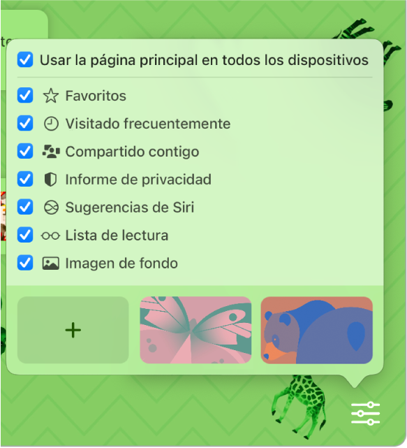 El menú desplegable Personalizar Safari con casillas para Favoritos, “Visitado frecuentemente”, “Informe de privacidad”, “Sugerencias de Siri”, “Lista de lectura” e “Imagen de fondo”.