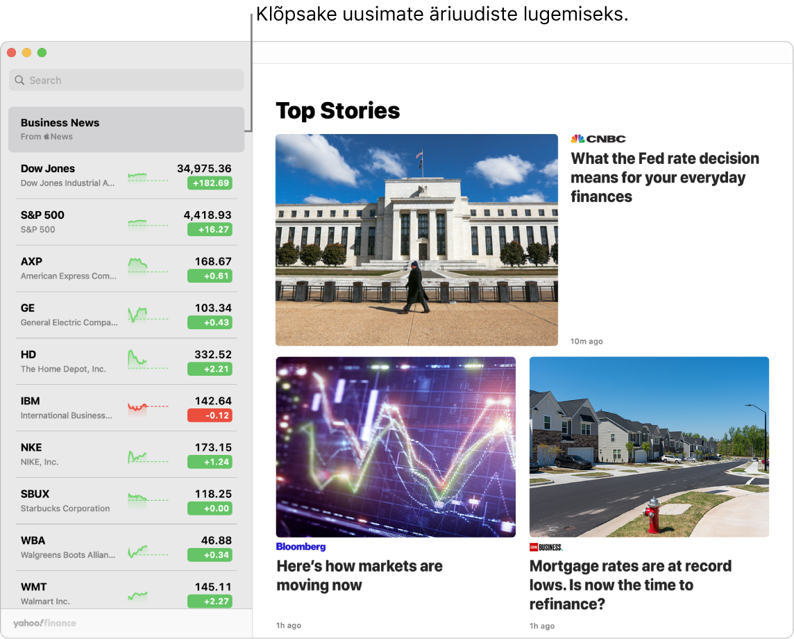 Rakenduse Stocks juhtpaneelil kuvatakse jälgimisloendis turuhindu koos Top Stories lugudega.