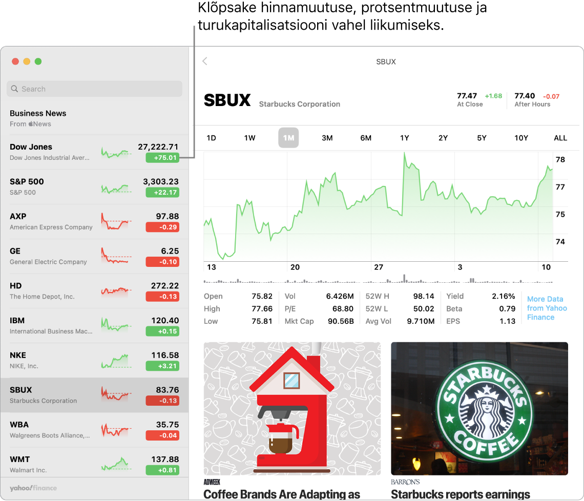 Rakenduste Stocks kuvas on toodud info ja lood valitud aktsia kohta.