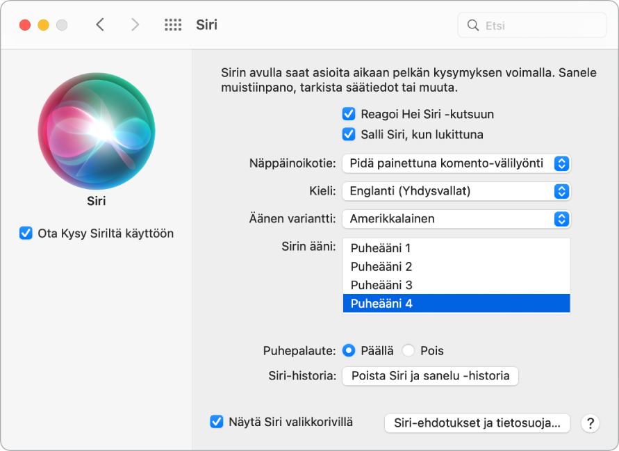 Siri-asetusikkuna, jossa vasemmalla on ”Ota Kysy Siriltä käyttöön” ja oikealla on useita Siri-asetuksia, esimerkiksi ”Reagoi Hei Siri -kutsuun”.