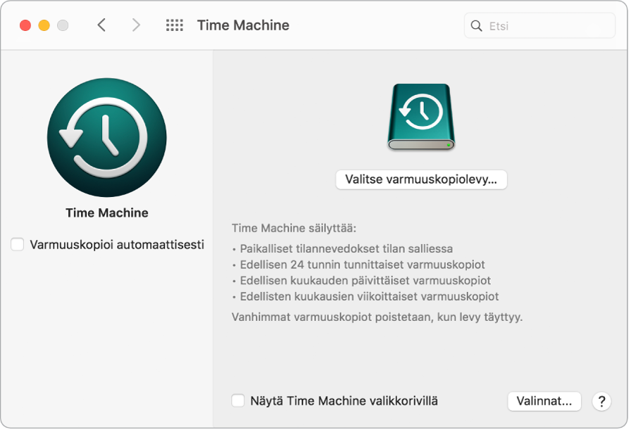Time Machine -varmuuskopioikkuna.