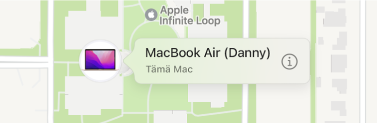 Lähikuva Dannyn MacBook Airin Tiedot-kuvakkeesta.
