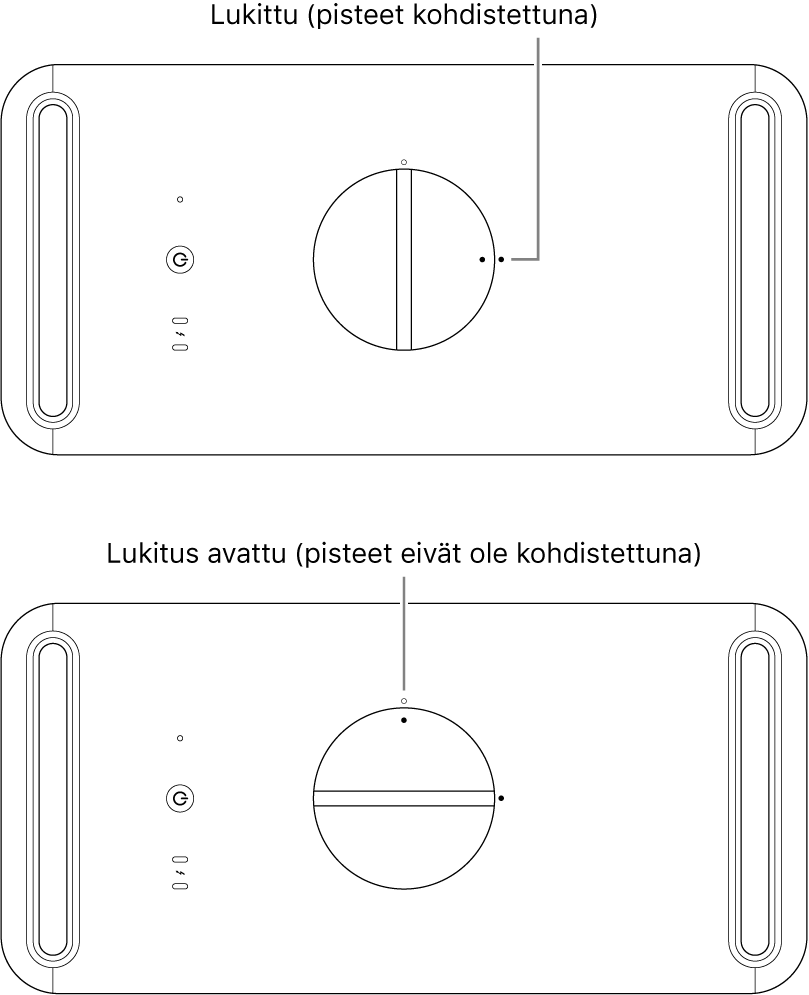 Tietokoneen kotelon yläosa, jossa näkyy salpa avatuissa ja lukituissa asennoissa.