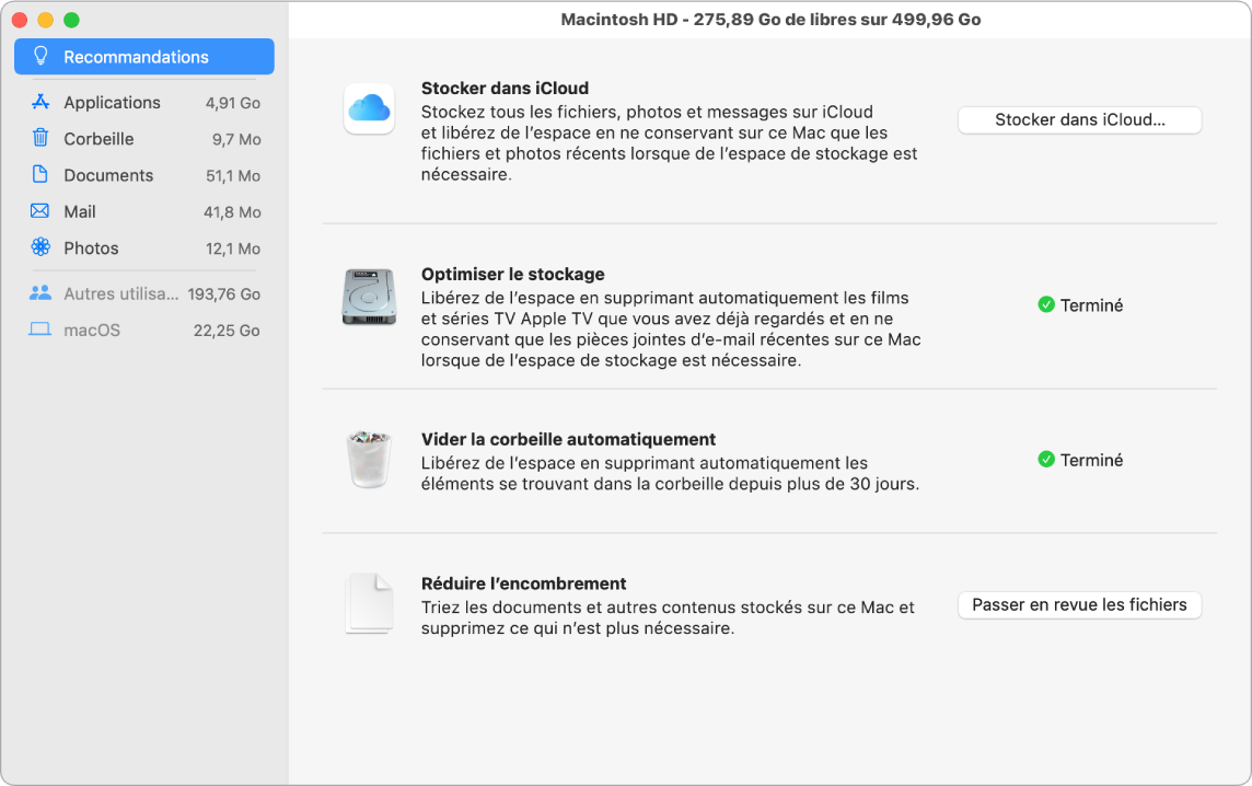 Les préférences Recommandations pour le stockage, présentant les options Stocker dans iCloud, Optimiser le stockage, Vider la corbeille automatiquement et Réduire l’encombrement.