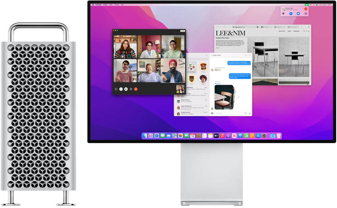 Un Mac Pro connecté à un Pro Display XDR, avec l’ordinateur affichant le centre de contrôle et plusieurs apps ouvertes.