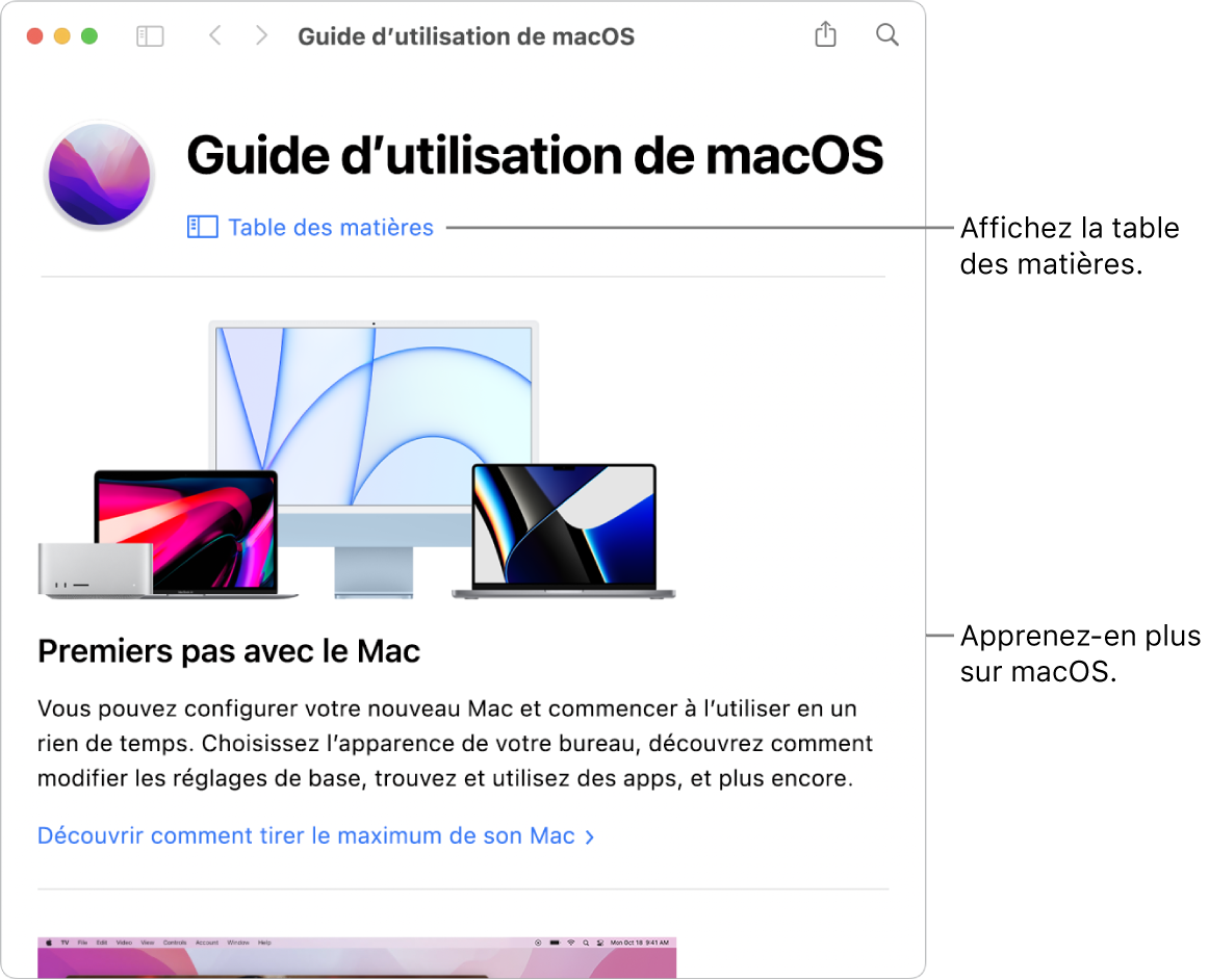 La page d’accueil du guide d’utilisation de macOS présentant le lien Table des matières.