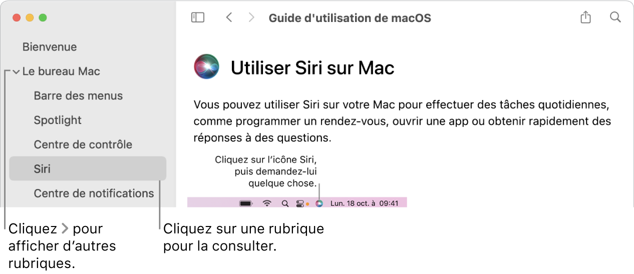 Visualisation Aide indiquant comment afficher les rubriques situées dans la barre latérale et comment afficher le contenu d’une rubrique.