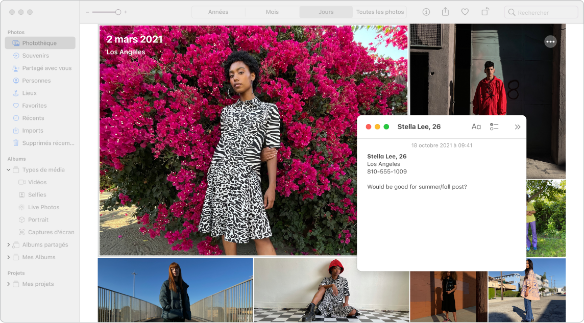 Une fenêtre Photos avec un photo-montage et une note rapide à propos de l’un des modèles de la plus grande photo.