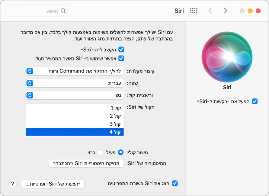 חלון ההעדפות של Siri עם האפשרות ״הפעל את ״שאלות ל‑Siri״״ נבחרת משמאל ומספר אפשרויות להתאמה אישית של Siri מימין, לרבות ״האזן לפקודה ׳היי Siri׳״.