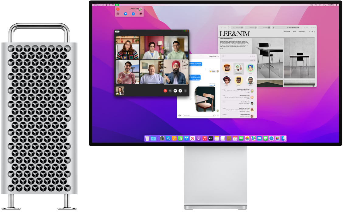 ‏Mac Pro מחובר ל-Pro Display XDR. המכתבה מציגה את ״מרכז הבקרה״ וכמה יישומים פתוחים.
