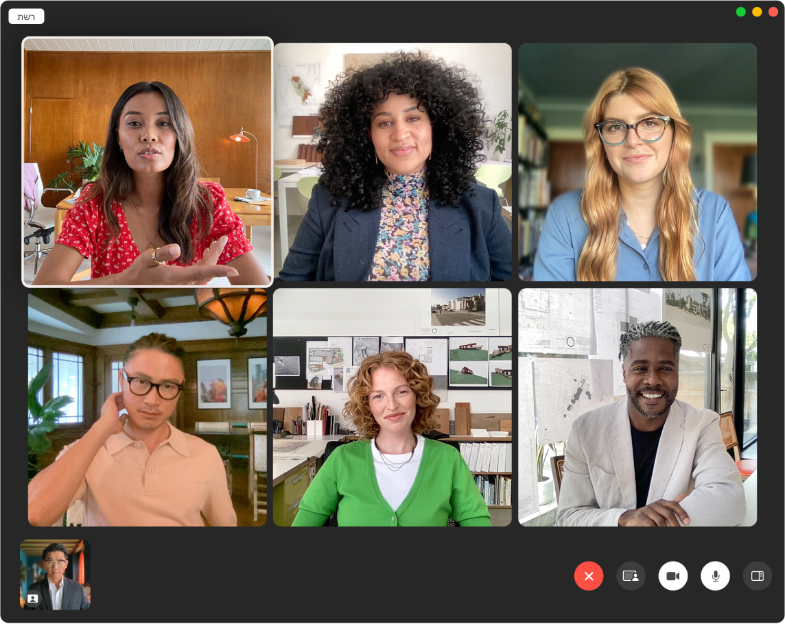 חלון FaceTime שבו מוצגים משתתפים בתצוגת רשת. האדם המדבר מסומן.