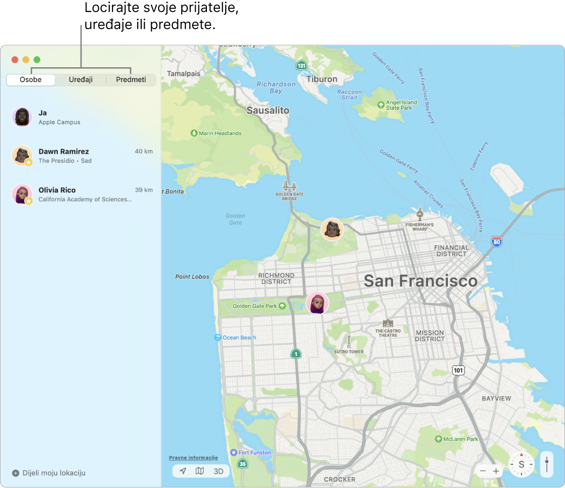 Kartica Osobe odabrana je s lijeve strane i karta San Francisca s desne strane s lokacijama dvaju prijatelja.