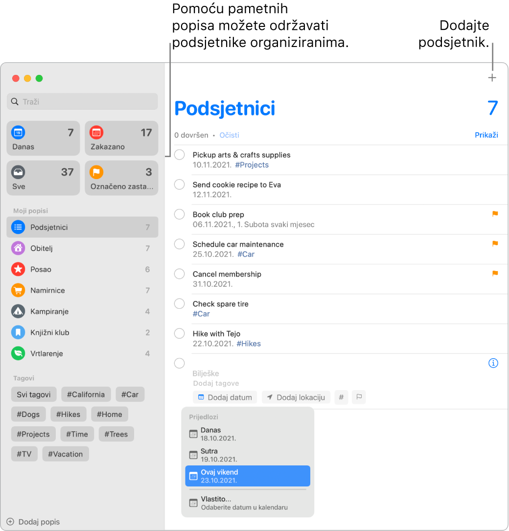 Prozor aplikacije Podsjetnici koji prikazuje pametne popise s lijeve strane i druge podsjetnike i popise ispod. Mali prozor u izborniku Prijedlozi otvoren je s prijedlozima za Danas, Sutra, Ovaj vikend i Prilagođeno.