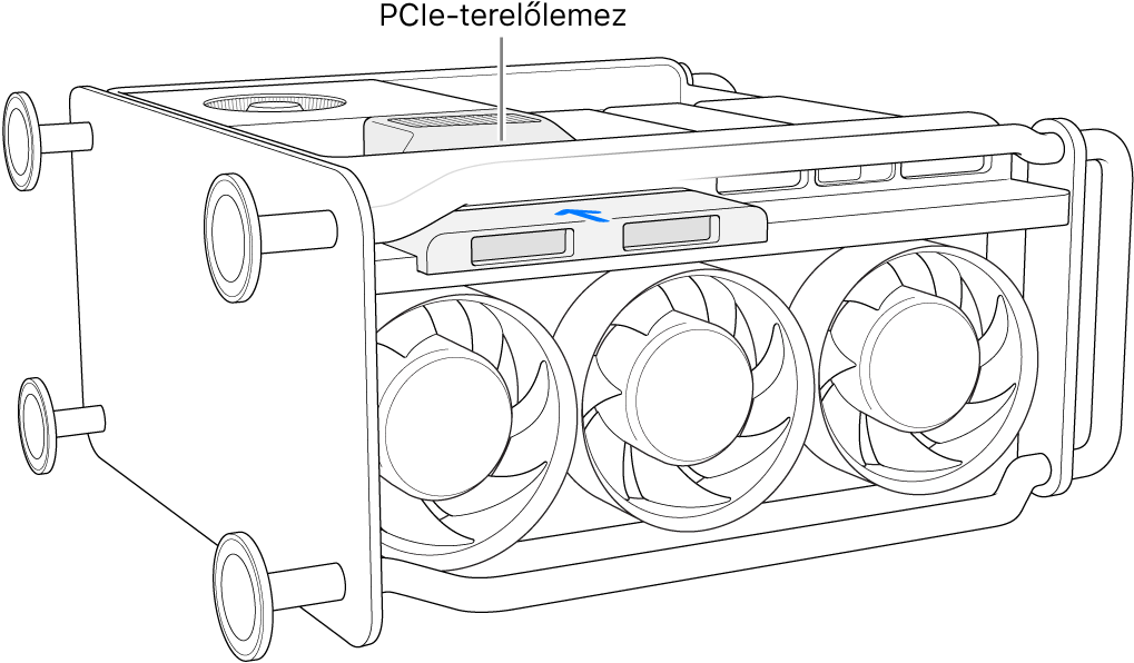 Mac Pro gép az oldalán. Látható a PCIe-légterelő és az SSD-burkorlat.