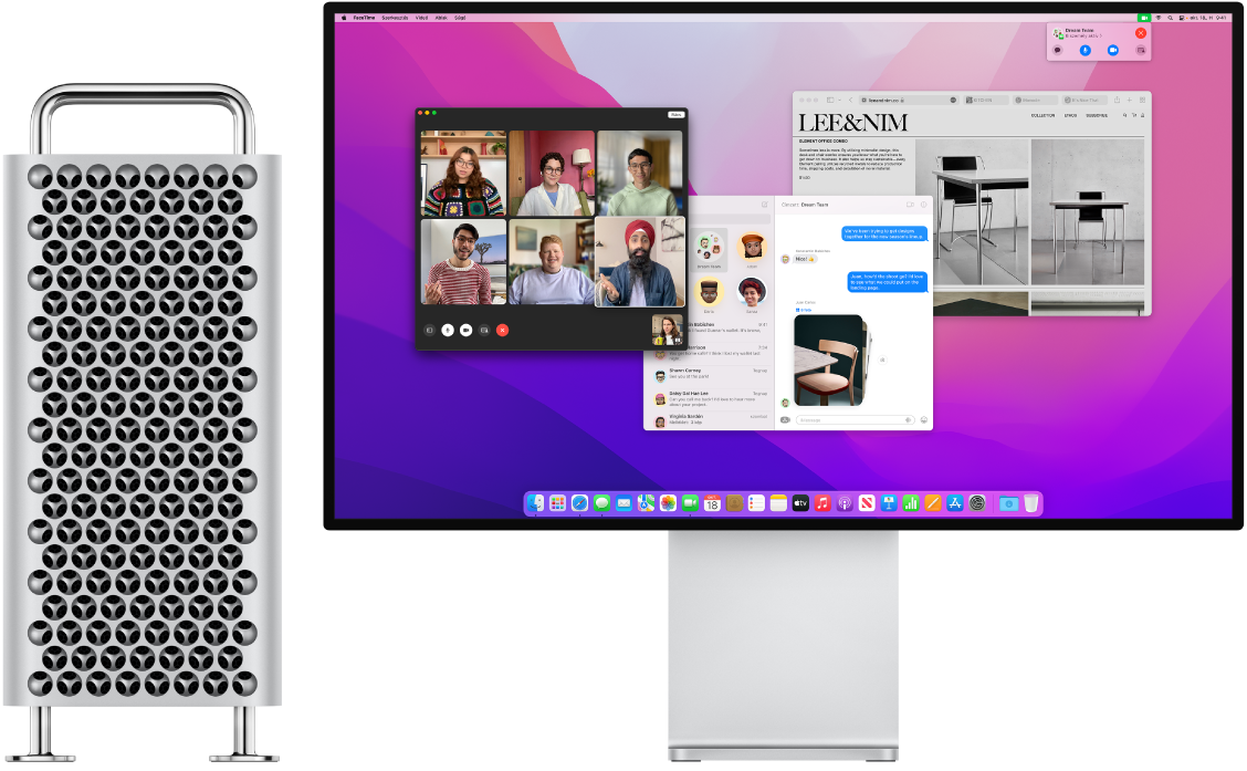 Egy Pro Display XDR kijelzőhöz csatlakoztatott Mac Pro az íróasztallal, amelyen a Vezérlőközpont és megnyitott alkalmazások láthatók.