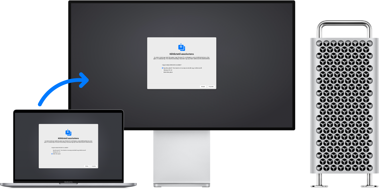 Egy MacBook Pro és egy Mac Pro, csatlakoztatott kijelzővel. A Költöztető asszisztens mindkét képernyőn látható, és a MacBook Próról a Mac Pro felé mutató nyíl azt jelzi, hogy az adatok átküldése folyamatban van a két gép között.