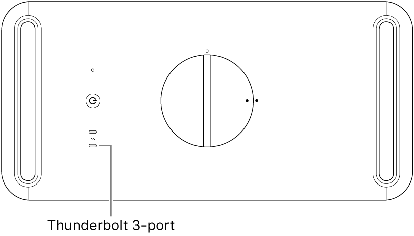 A Mac Pro gép teteje. A használandó Thunderbolt 3 port ki van emelve.