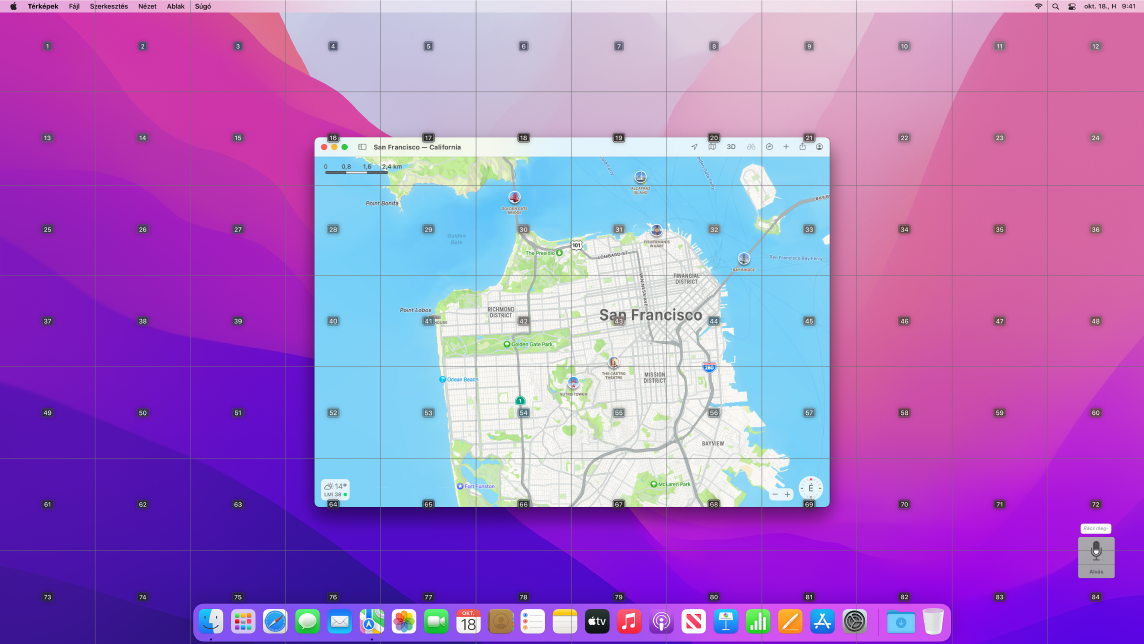 A megnyitott Térképek alkalmazás az Íróasztalon egy rácsrátéttel.