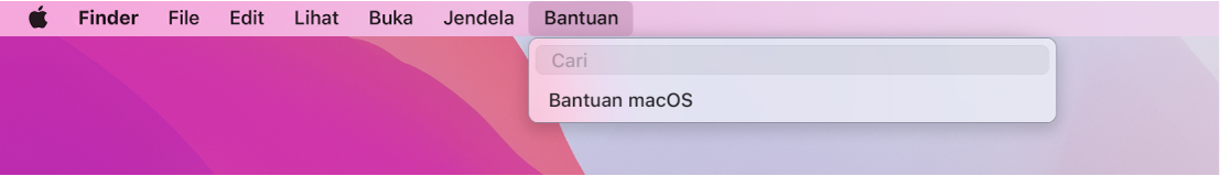 Desktop terpisah dengan menu Bantuan terbuka, menampilkan pilihan menu untuk Pencarian dan Bantuan macOS.