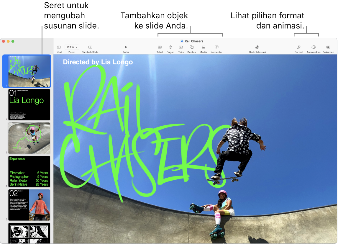 Jendela Keynote menampilkan navigator slide di kiri dan cara menyusun ulang slide, bar alat dan alat pengeditannya di bagian atas, tombol Kolaborasi di dekat kanan atas, dan tombol Format, Animasikan, dan Dokumen di kanan.