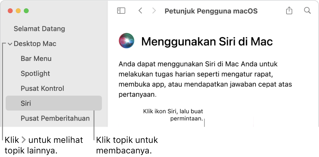 Penampil Bantuan menampilkan cara melihat topik yang terdapat di bar samping dan cara menampilkan konten topik.