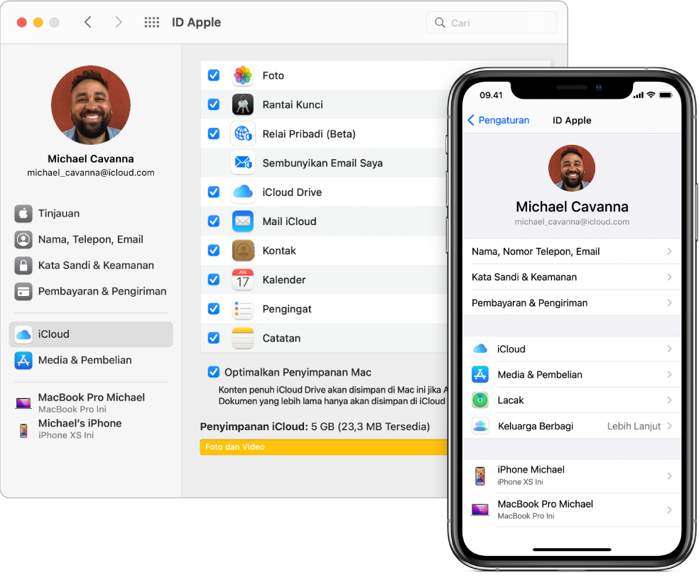 Pengaturan iCloud di iPhone dan jendela iCloud di Mac.