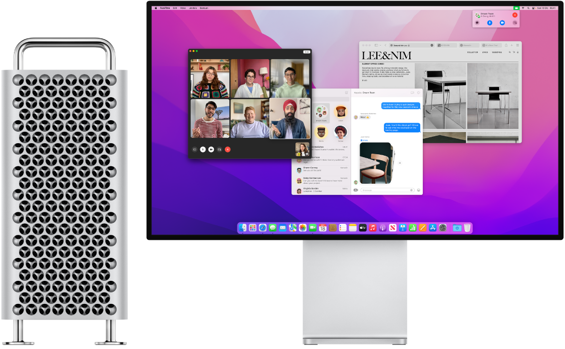 Mac Pro tersambung ke Pro Display XDR, dengan desktop yang menampilkan Pusat Kontrol dan beberapa app yang terbuka.