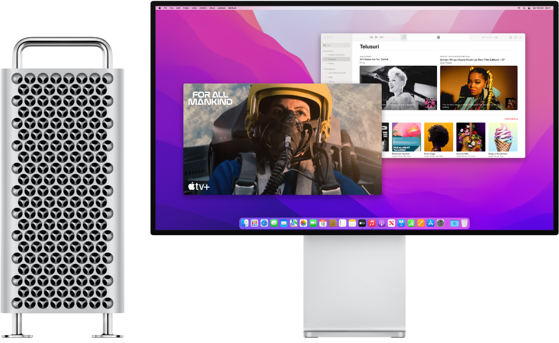 Menara Mac Pro dan Pro Display XDR berdampingan.