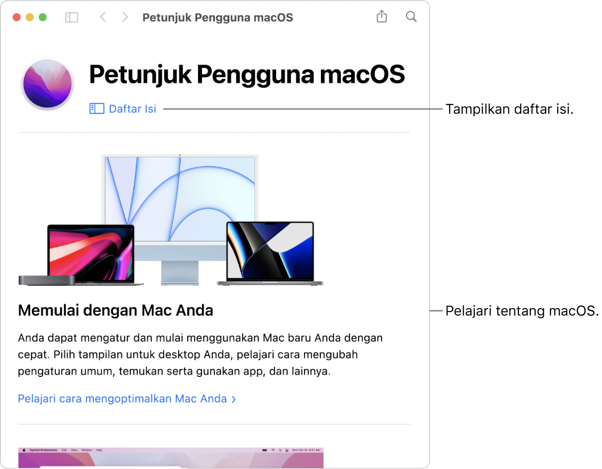 Untuk menemukan topik di Petunjuk Pengguna macOS, Anda dapat menelusuri atau mencari.