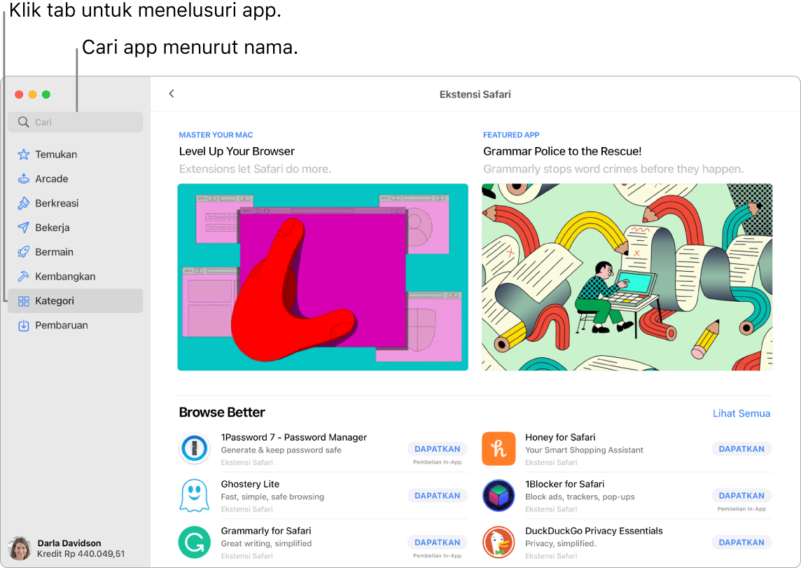 Jendela App Store menampilkan bidang pencarian dan halaman Ekstensi Safari.