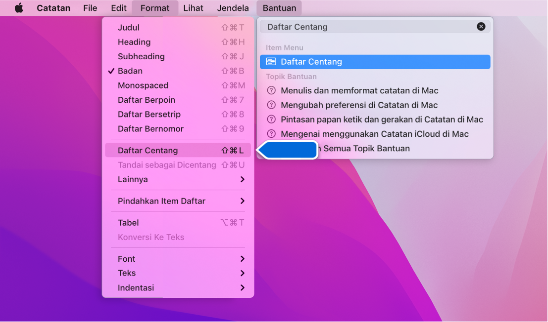 Menu Bantuan menampilkan pencarian untuk “daftar centang” dengan Daftar Centang yang disorot di menu Format.