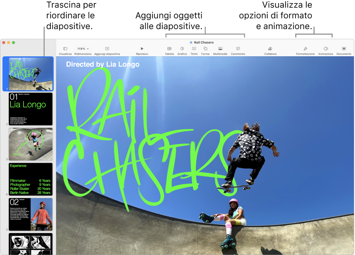 Una finestra di Keynote che mostra il navigatore diapositive a sinistra e il modo in cui riordinare le diapositive, la barra degli strumenti e i relativi strumenti di modifica in alto, il pulsante Collabora nella parte superiore destra e i pulsanti Formattazione, Animazione e Documento a destra.