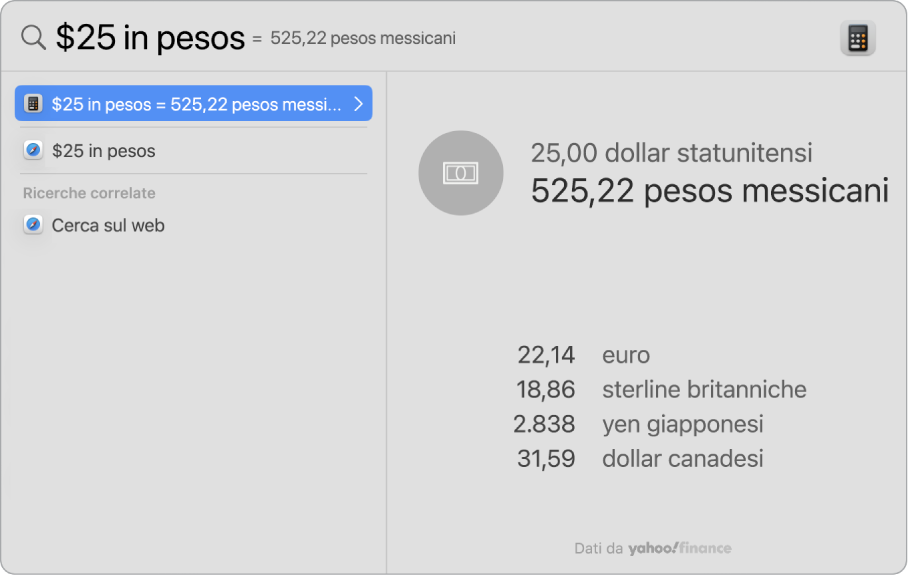 Una schermata che mostra la conversione da dollari a pesos con un risultato migliore che mostra la conversione e diversi altri selezionabili.