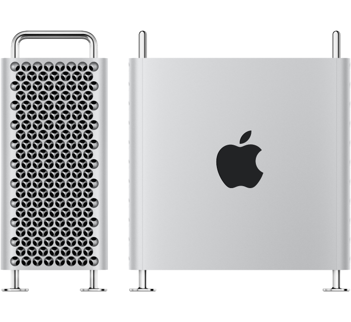 Mac Pro компьютерінің екі суреті; біреуі шеткі көрініс, ал екіншісі бүйірлік көрініс.