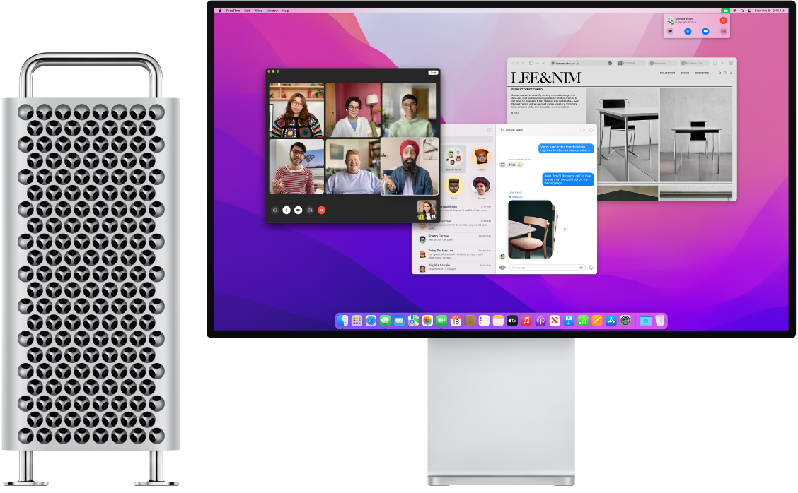 Prie „Pro Display XDR“ prijungtas „Mac Pro“: darbalaukyje rodoma „Control Center“ ir kelios kitos atidarytos programos.